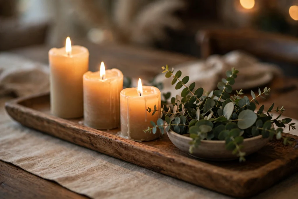Low dining table centerpiece with candles and eucalyptus