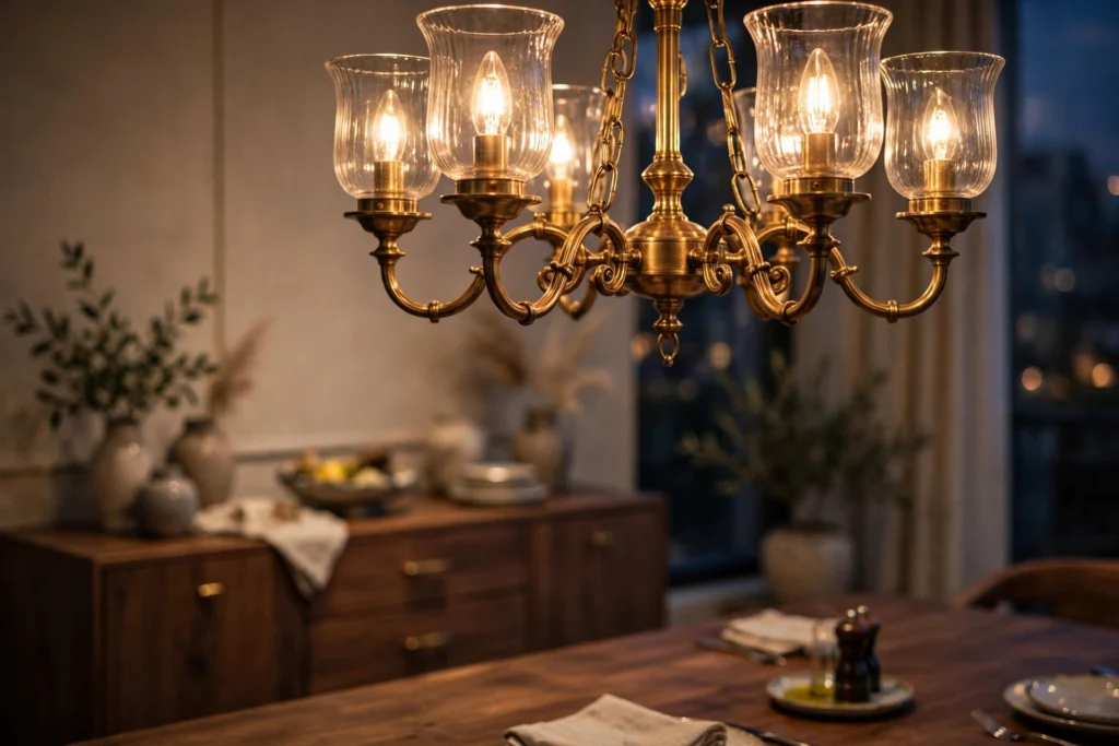 Brass chandelier hanging above a dining table