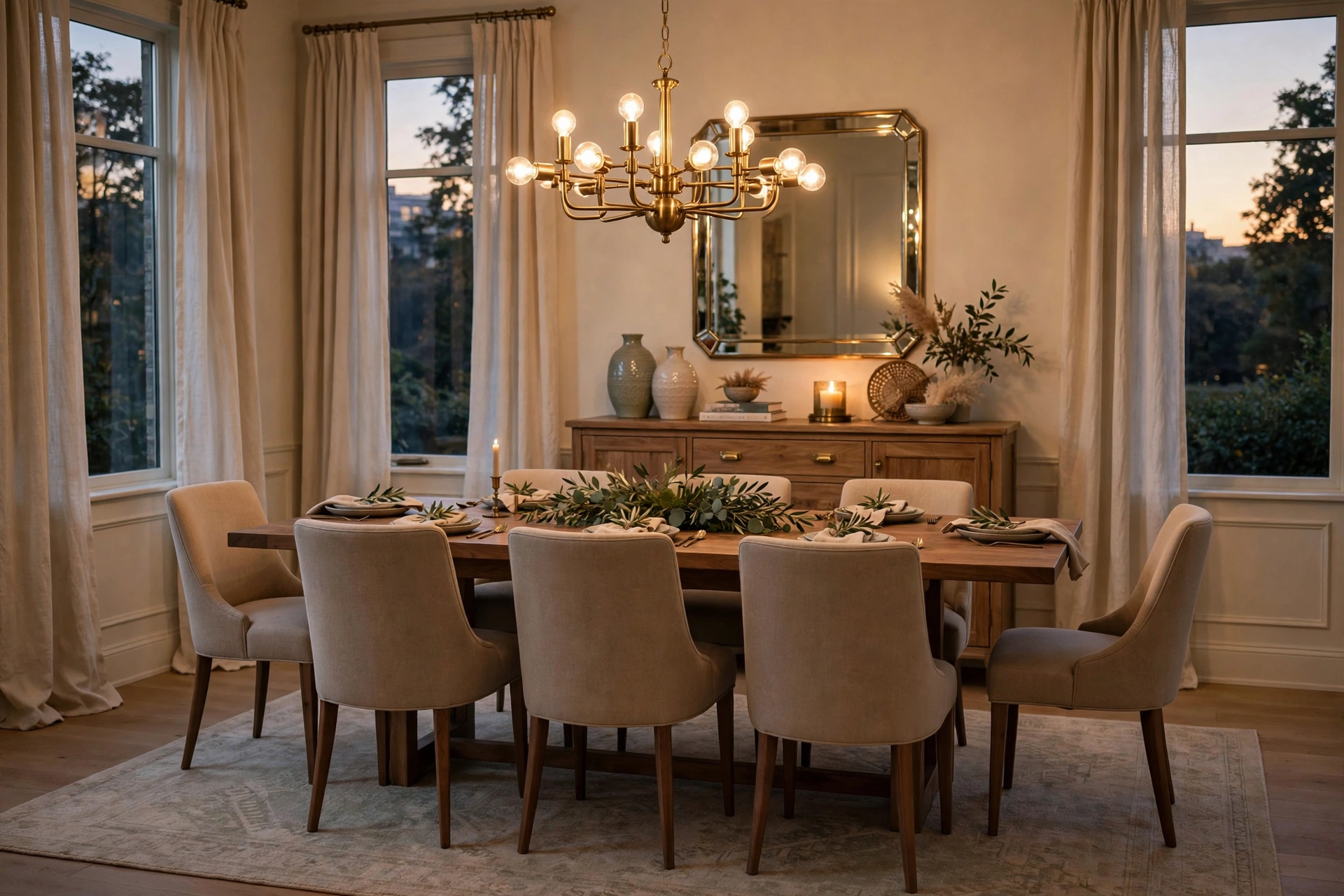 Warm dining room with wooden table, brass chandelier, and styled sideboard