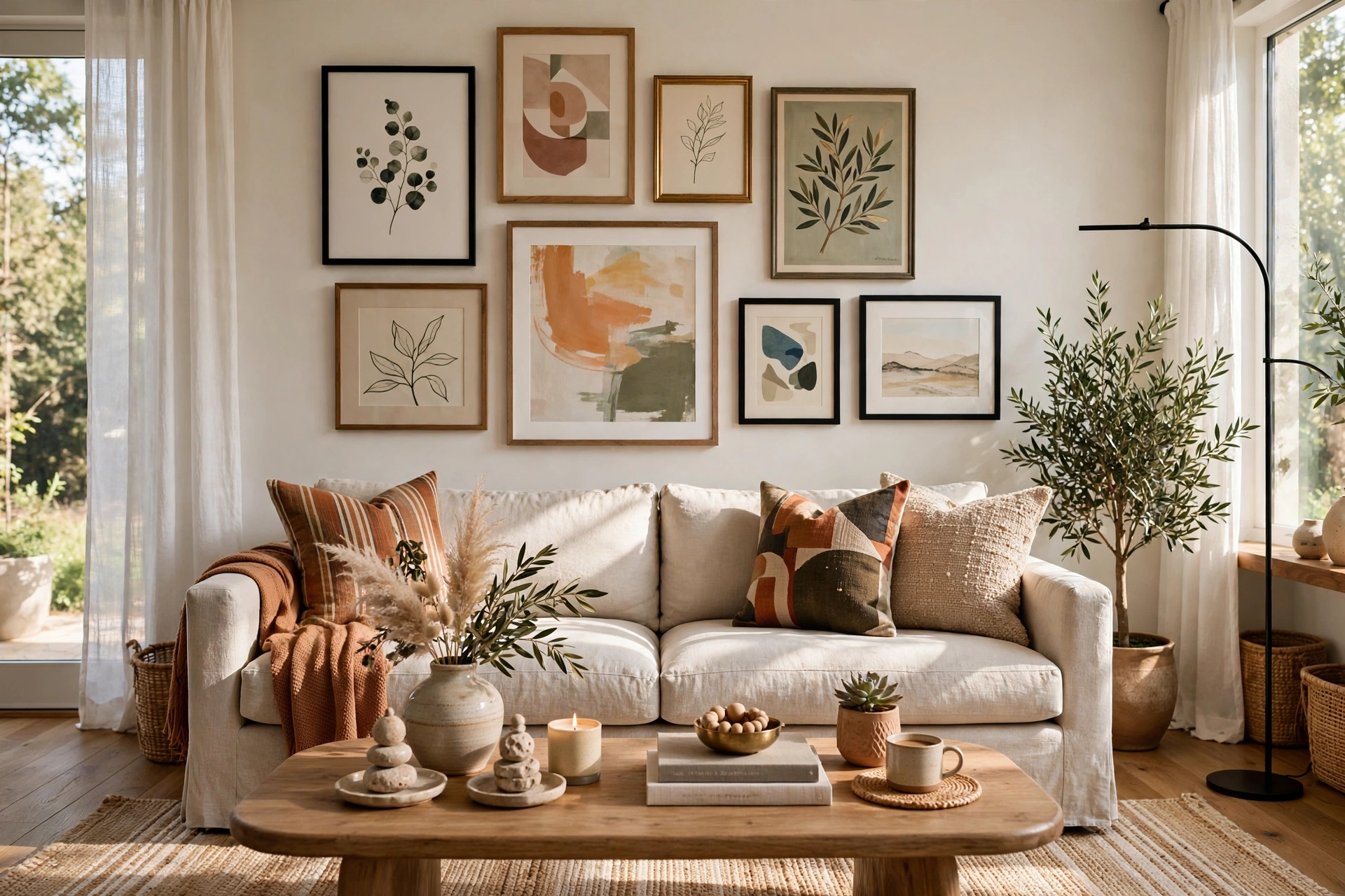 Living room wall decor ideas with a gallery wall of framed art above a sofa