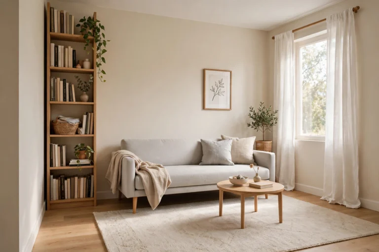 Small bright living room with light neutral walls, low-profile sofa, large rug and tall shelves