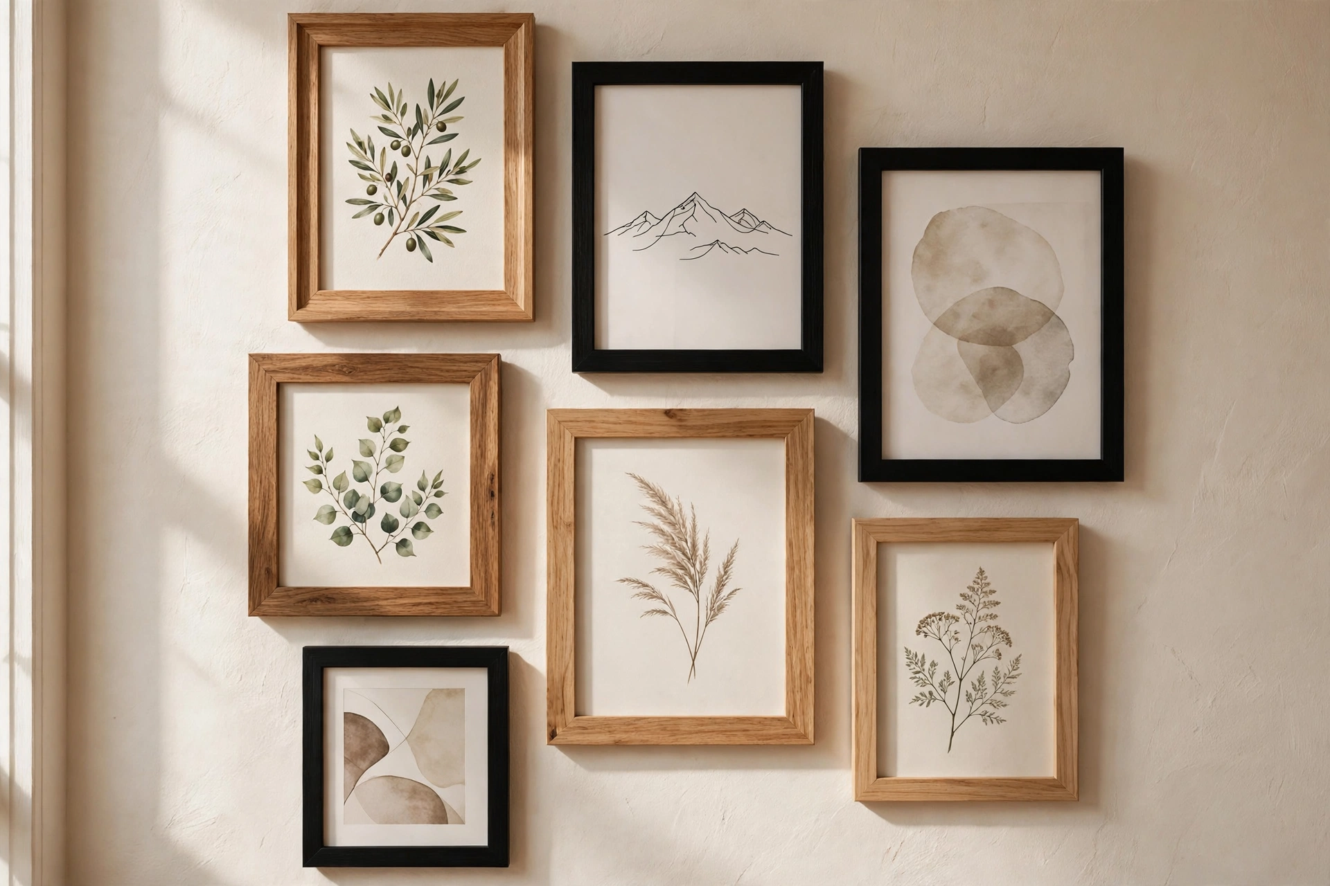 Gallery wall of mixed framed art on a warm white living room wall