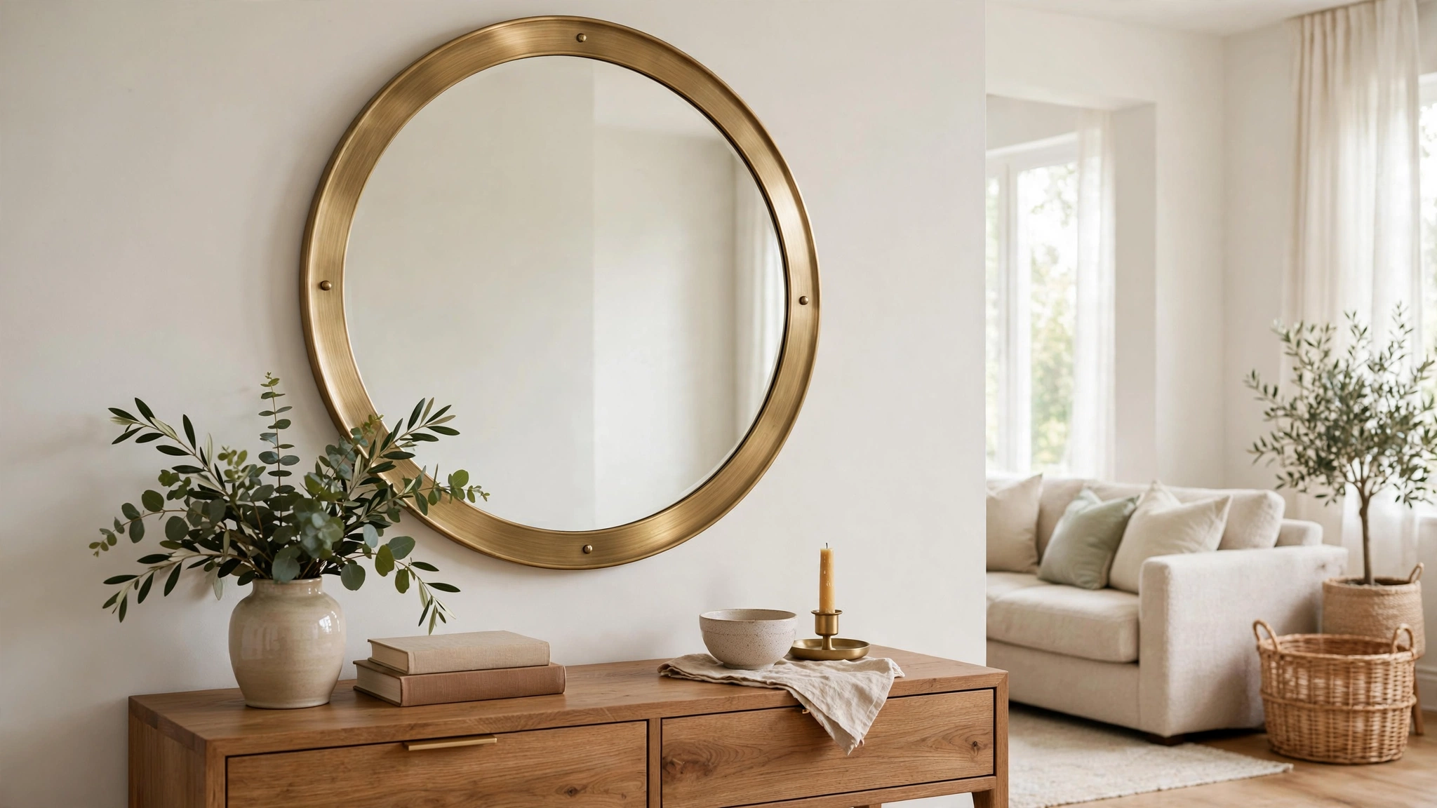 Large round brass mirror above a console table in a bright living room