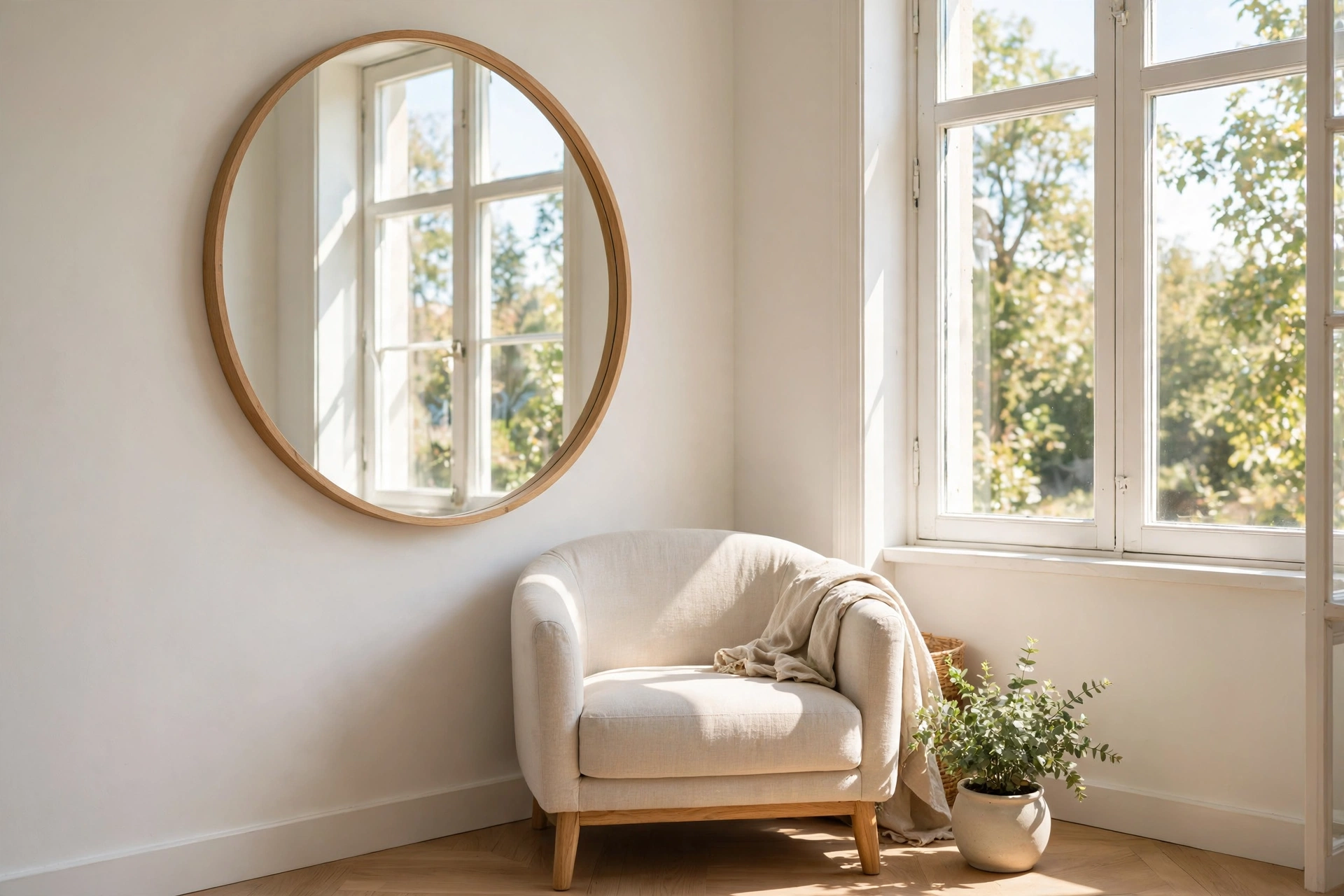 Large round mirror on a light living room wall reflecting a sunlit window