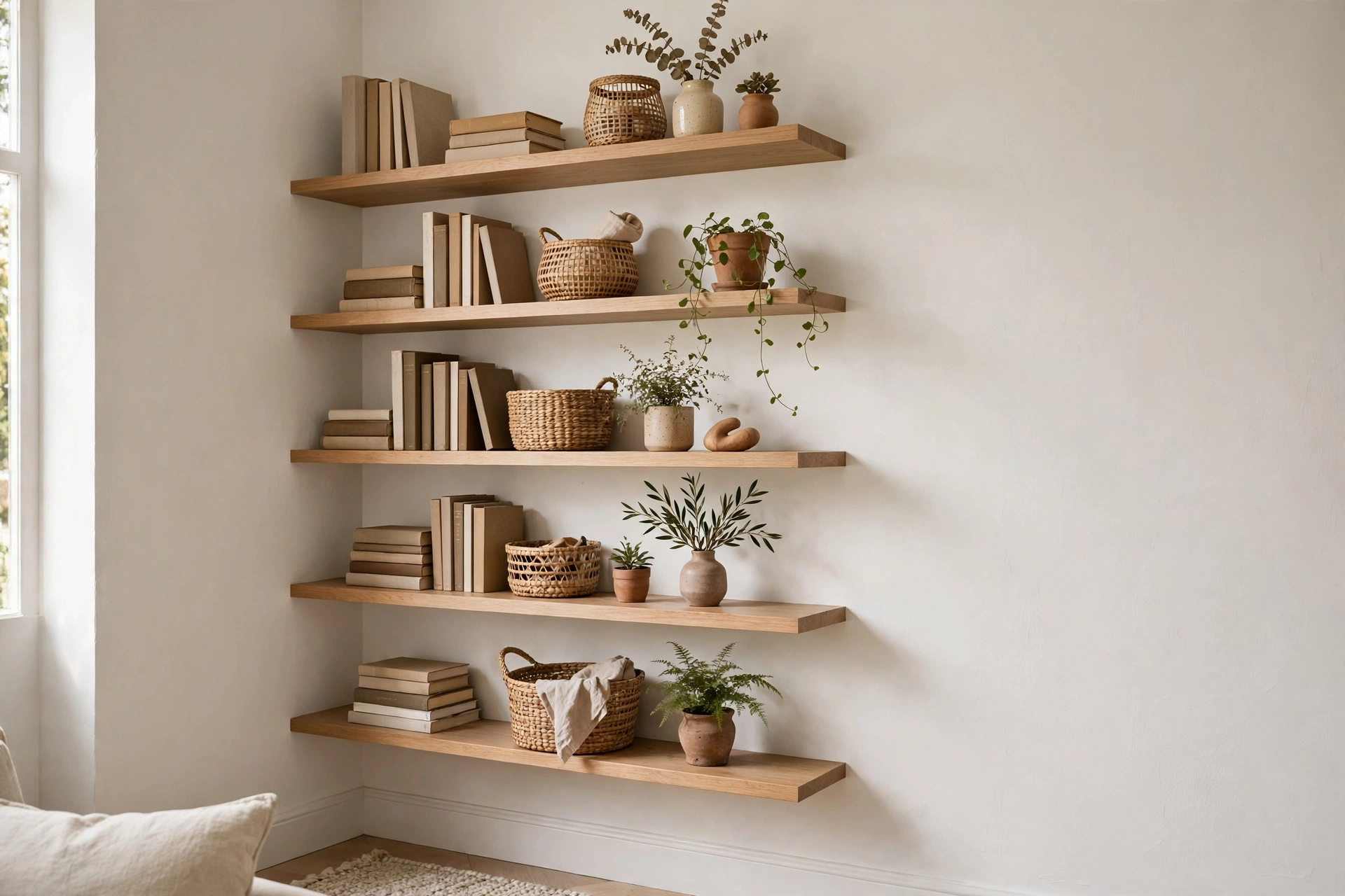 Tall floating shelves with books, baskets and plants using vertical wall space in a small living room