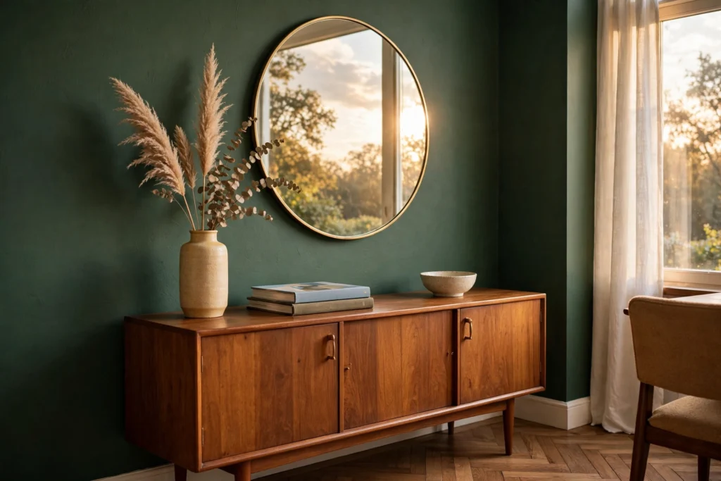 Styled wooden sideboard with round brass mirror above