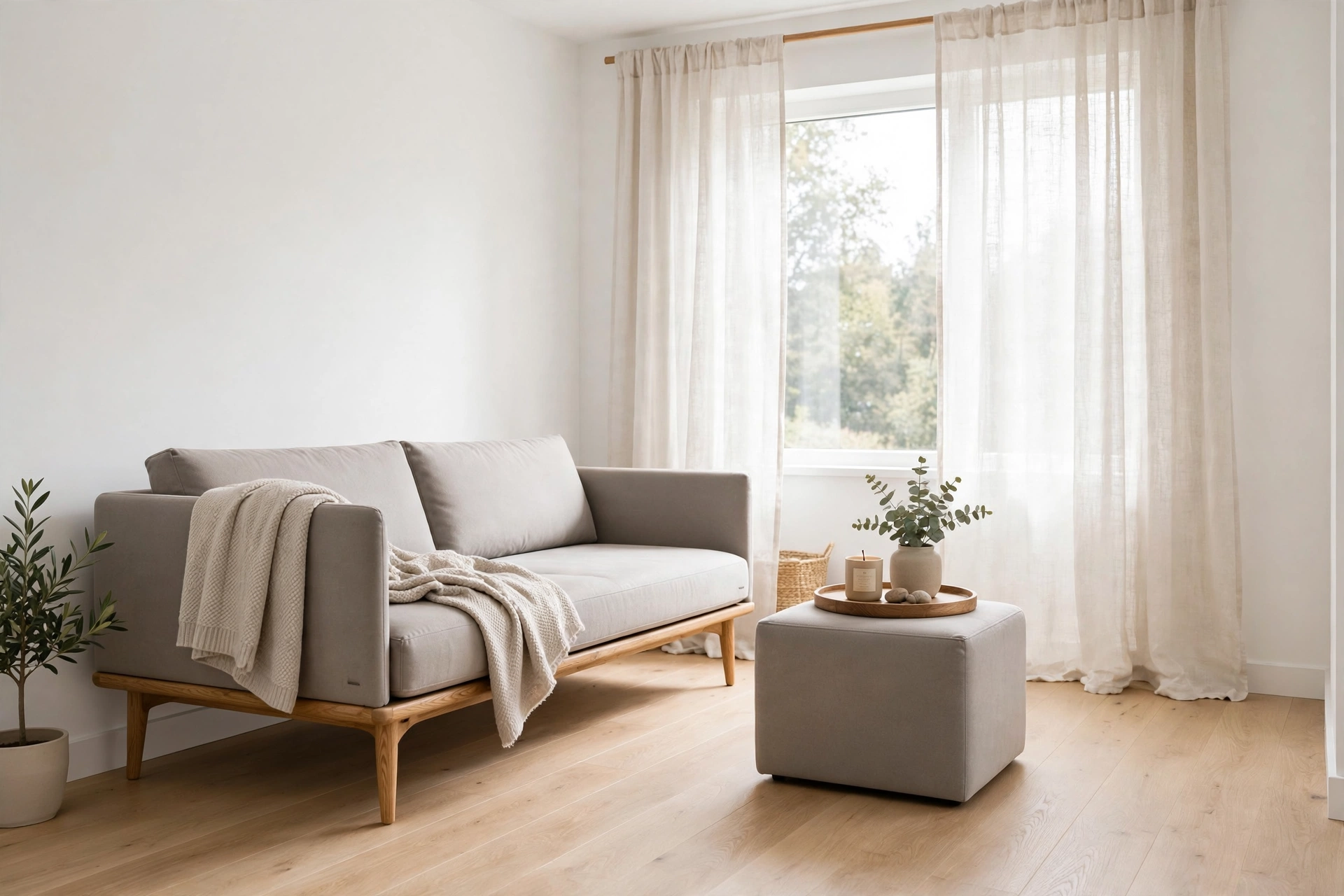 Low-profile modern sofa with slim raised legs and storage ottoman in a small bright living room
