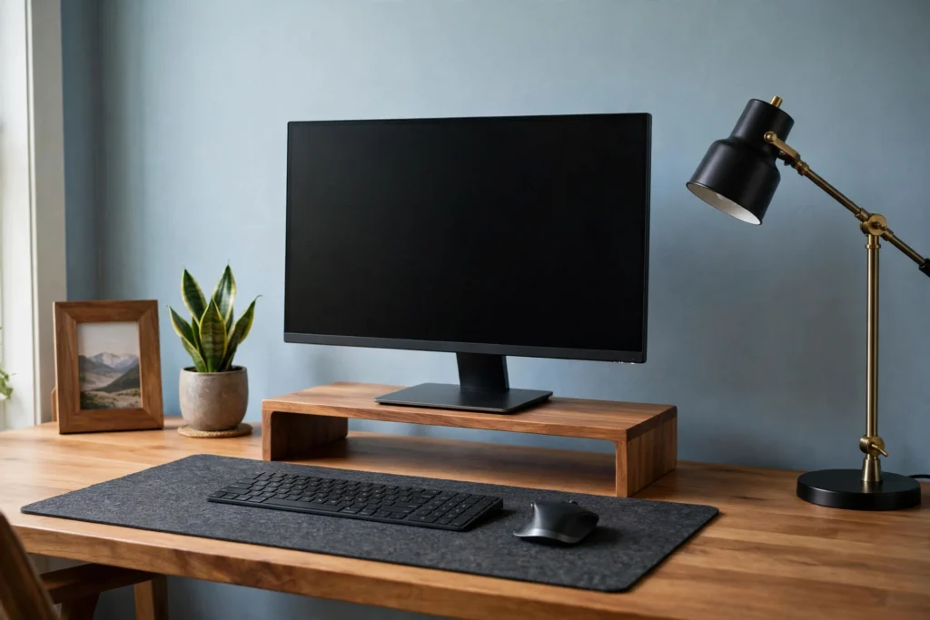 Ergonomic desk setup with monitor on riser