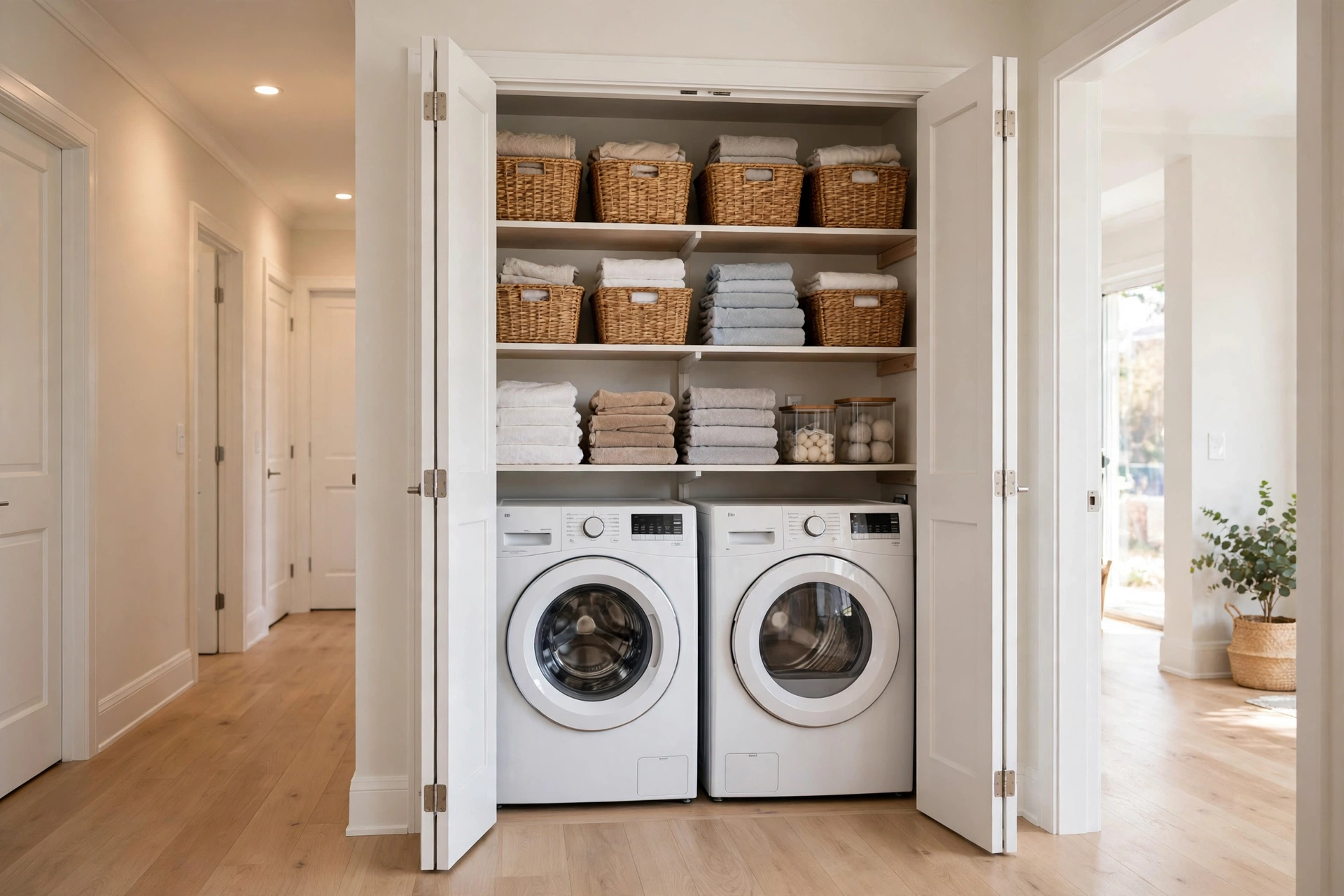 Laundry closet with open bifold doors revealing tidy organized storage