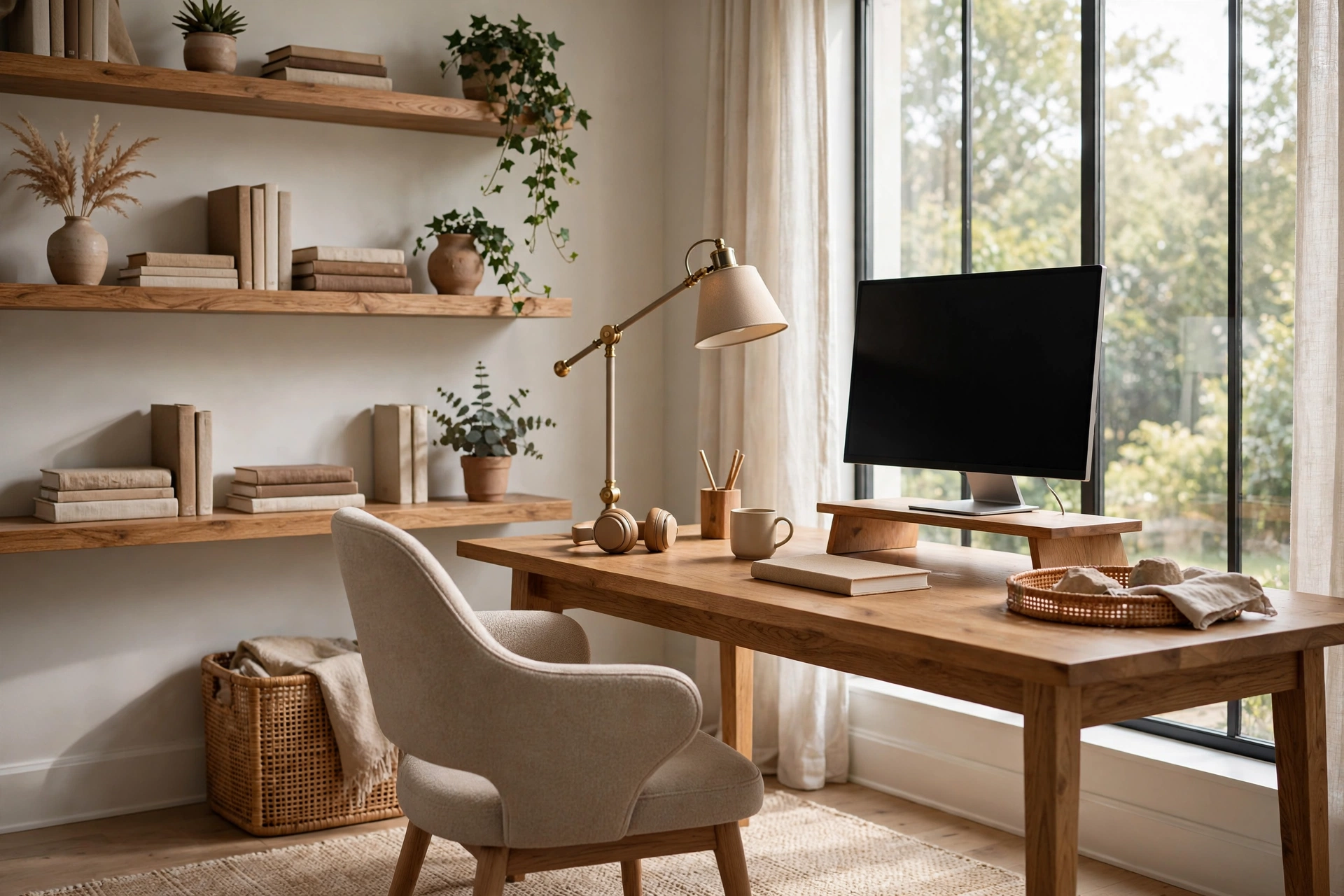 Stylish home office with wooden desk by a bright window
