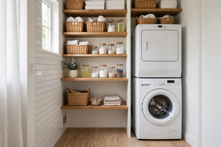 Small laundry room organization ideas with stacked washer and dryer and wall shelves