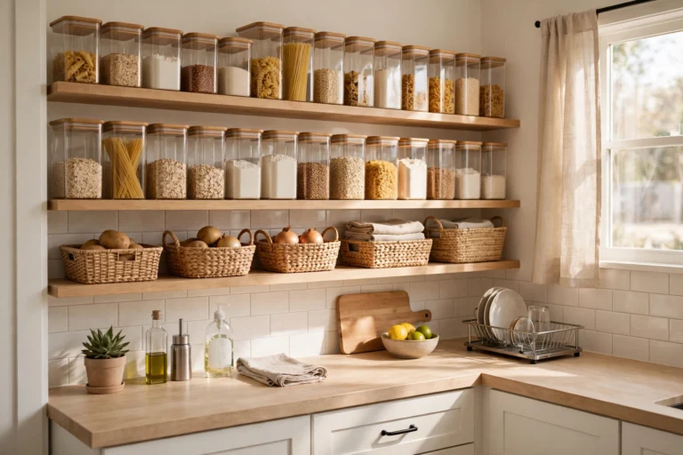 Bright organized small kitchen with clear pantry containers on open shelves