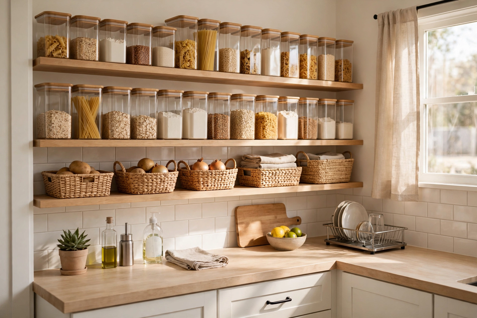 Bright organized small kitchen with clear pantry containers on open shelves