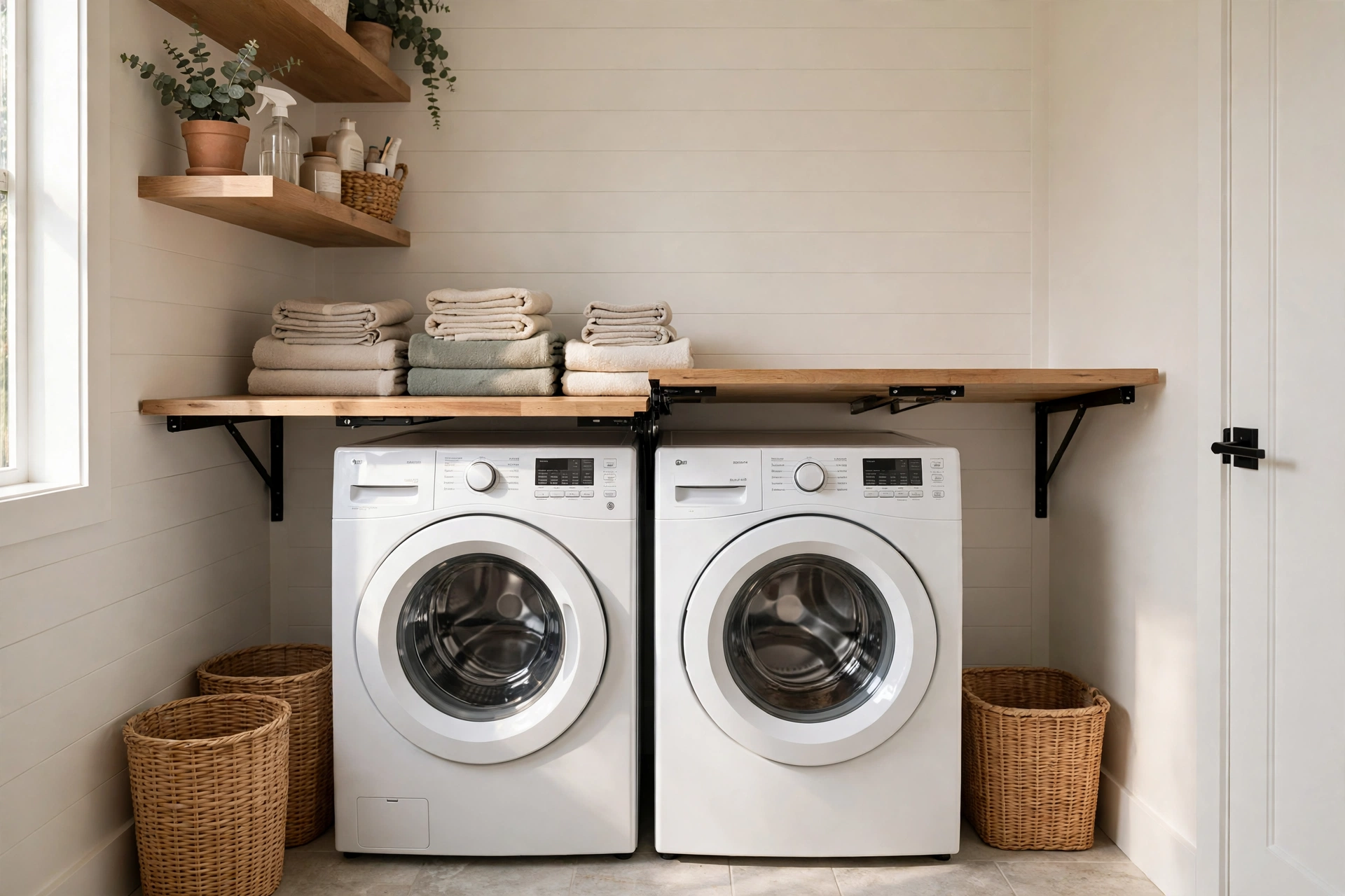 Slim folding counter over front-load machines in a narrow laundry room