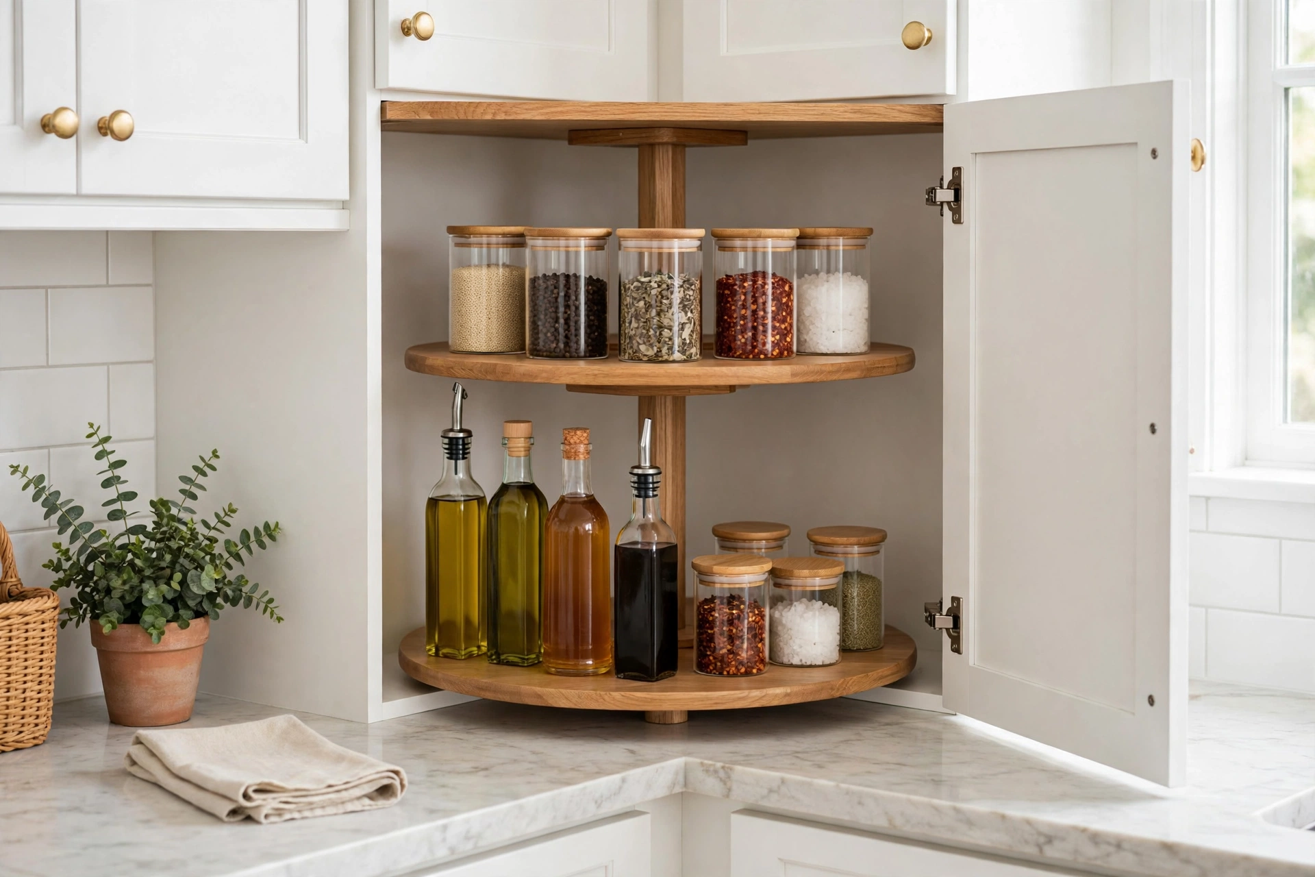 Two-tier lazy Susan turntable with cooking oils and jars in a kitchen corner cabinet