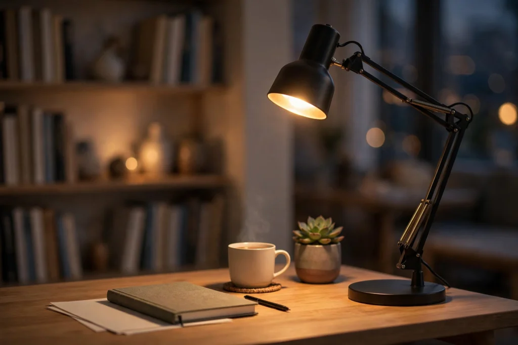 Adjustable desk lamp glowing warm on a tidy desk