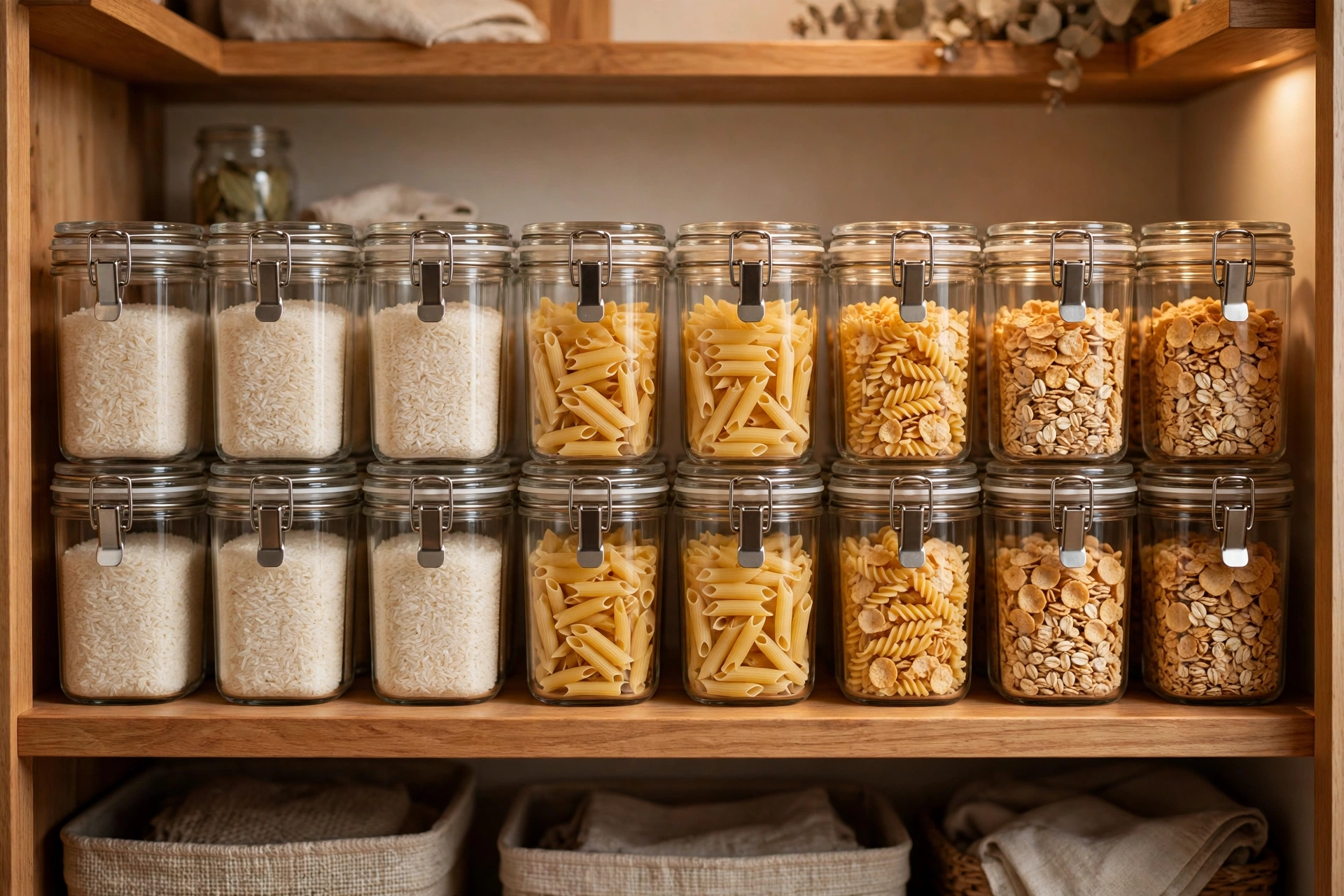 Kitchen pantry shelf with uniform clear airtight containers of dry goods in neat rows