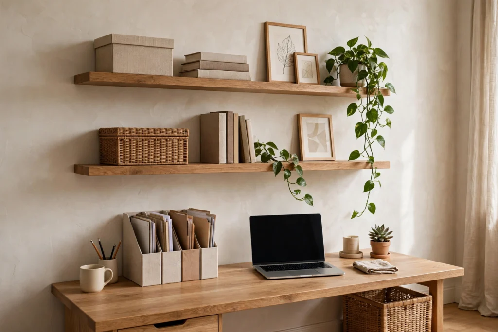 Floating shelves with storage boxes and plants above a desk