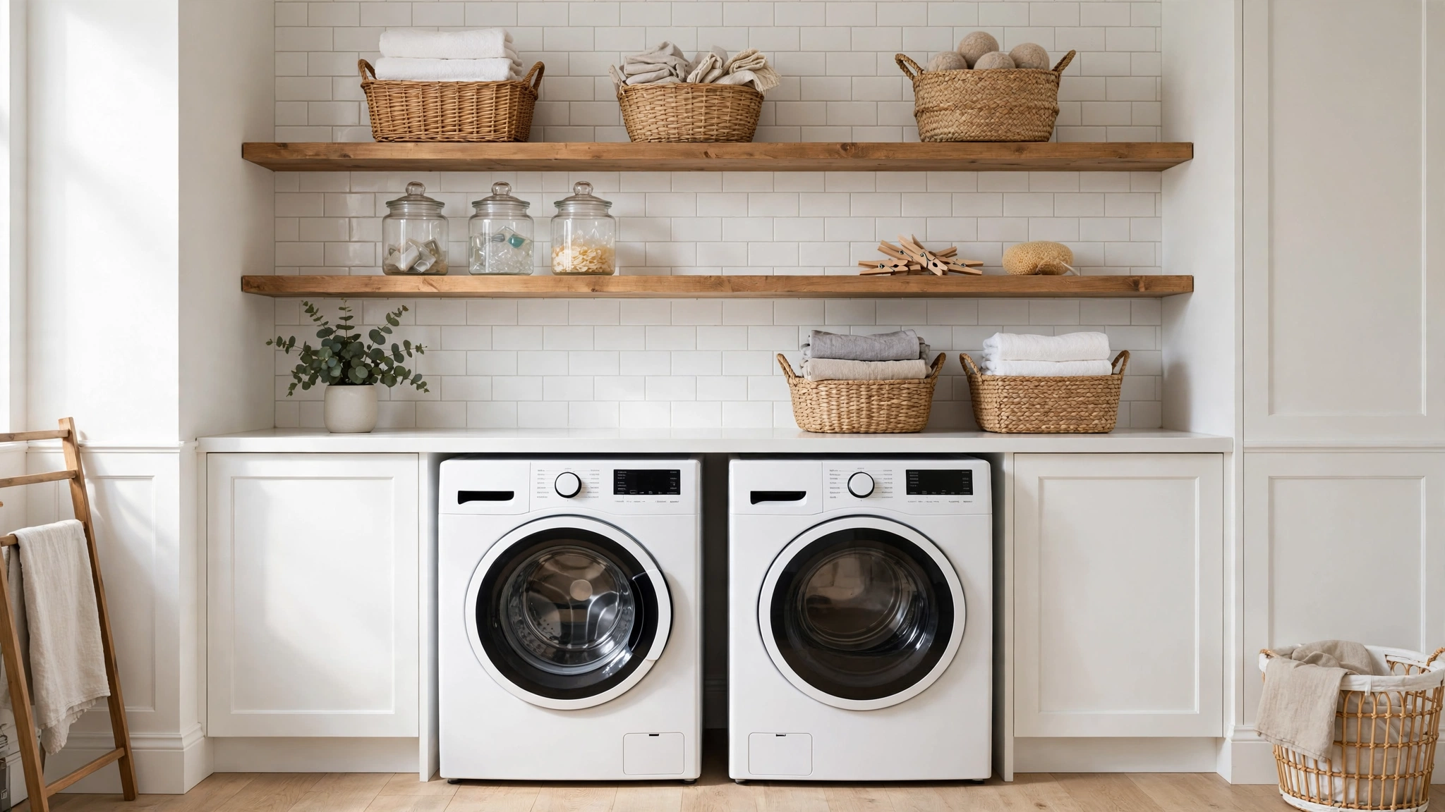 Wall-mounted open shelves with baskets and detergent in a compact laundry room