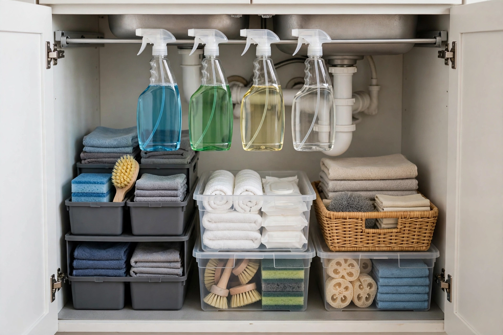 Organized under-sink cabinet with tension rod for spray bottles and stacked cleaning caddies