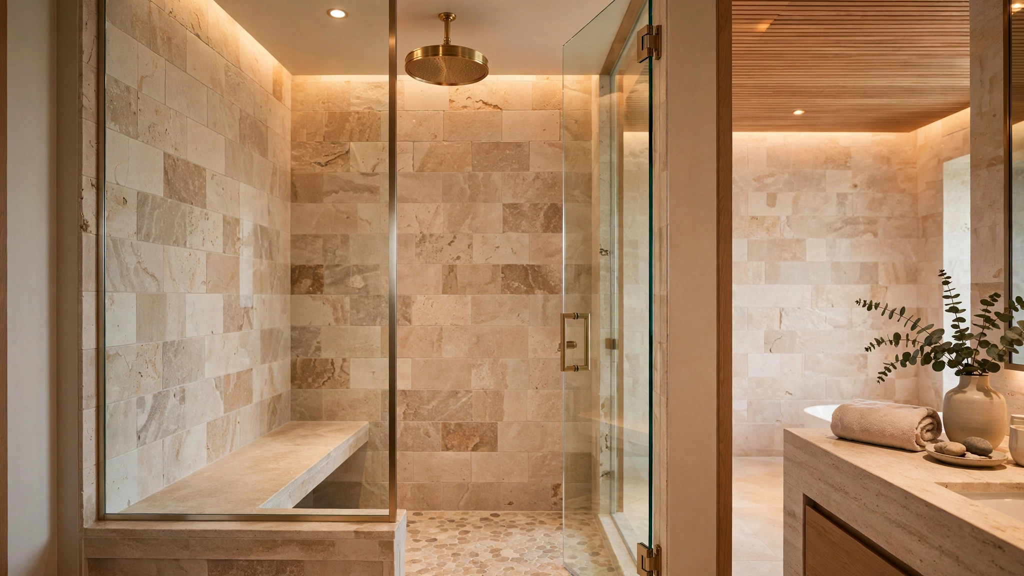 Luxury bathroom decor walk-in shower with marble tiles, rainfall showerhead and brushed brass fixtures
