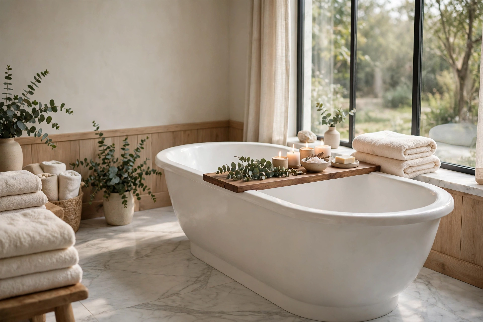Luxury bathroom decor freestanding bathtub with wooden tray, candles and eucalyptus