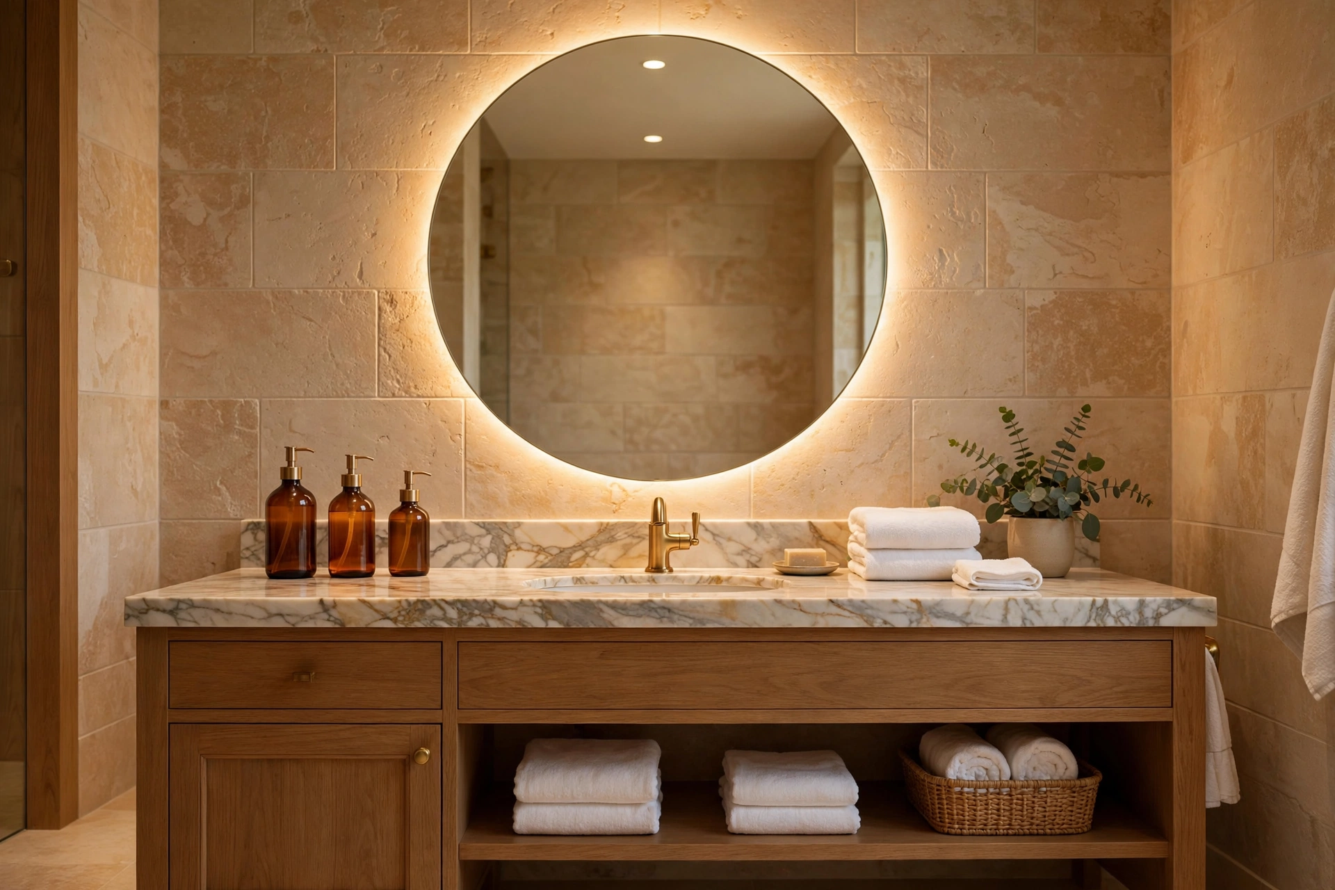 Luxury bathroom decor vanity with round backlit mirror and marble countertop