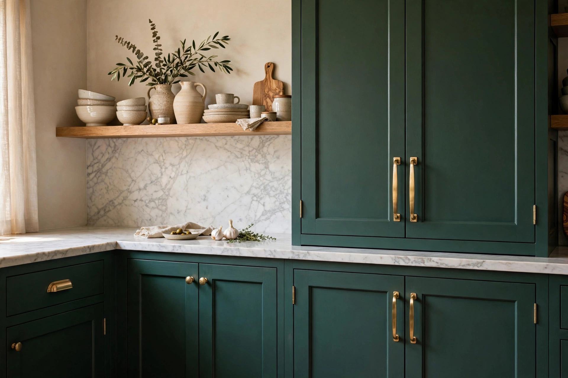 Luxury kitchen decor cabinet detail with deep green shaker cabinets, brass hardware and marble backsplash