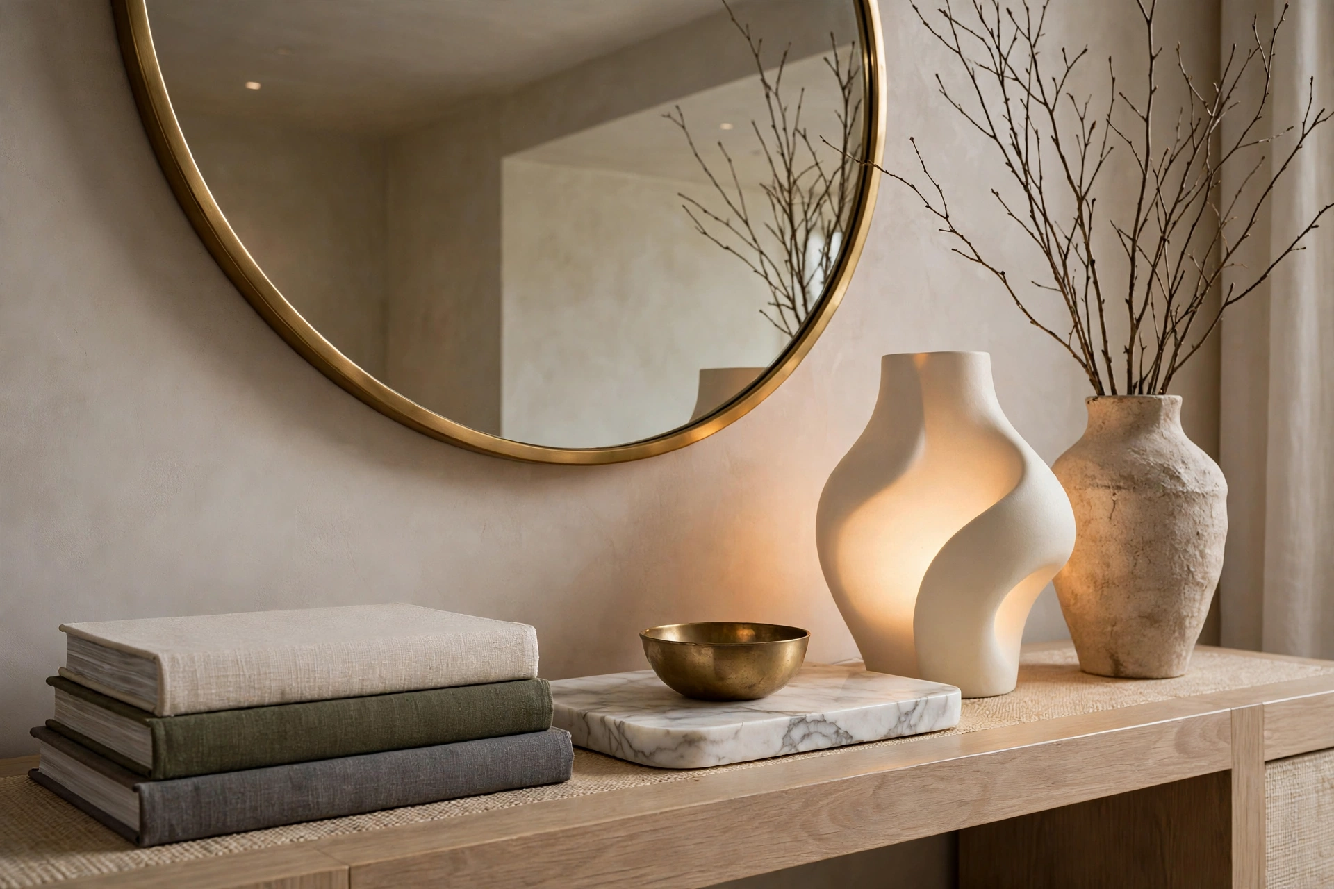 Luxury grand entryway decor ideas: styled console with marble tray, sculptural lamp and tall branch in a ceramic vase