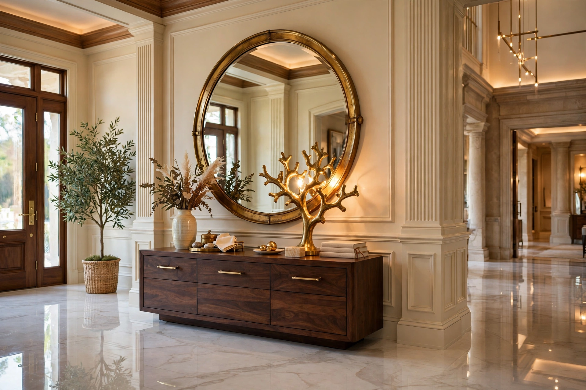 Luxury grand entryway decor ideas with a brass-framed mirror above a dark wood console