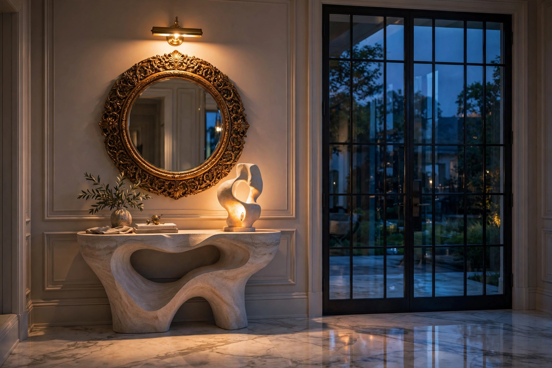 Luxury grand entryway decor ideas at dusk with layered warm lighting over a brass-framed mirror