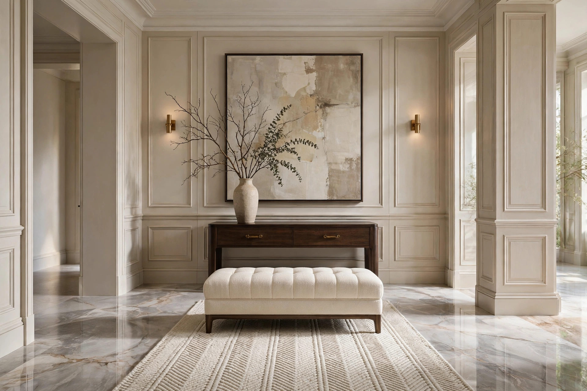 Luxury grand entryway decor ideas with an upholstered bench, wool runner and console styling
