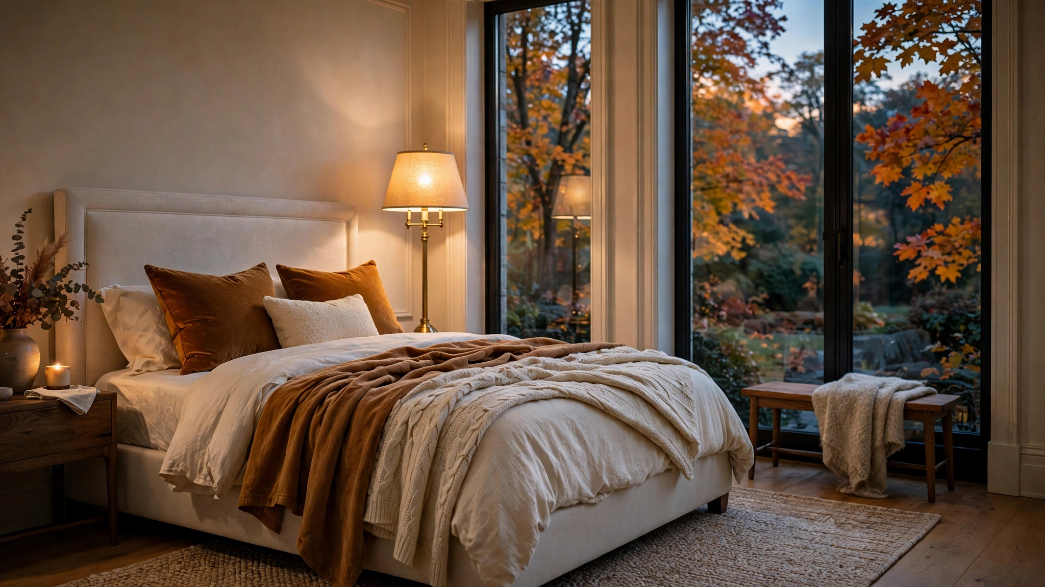 Luxury fall home decor bedroom corner with caramel throw blankets and brass lamp