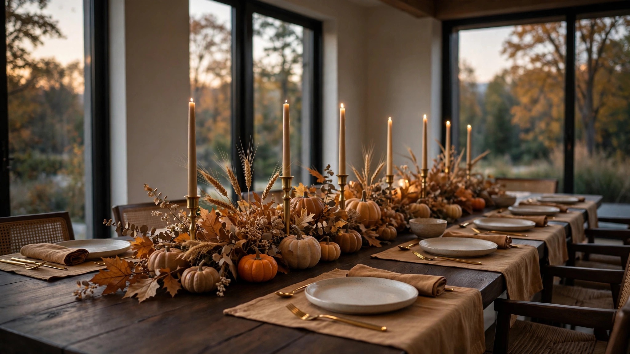 Luxury fall home decor dining table with amber leaf garland and brass candles