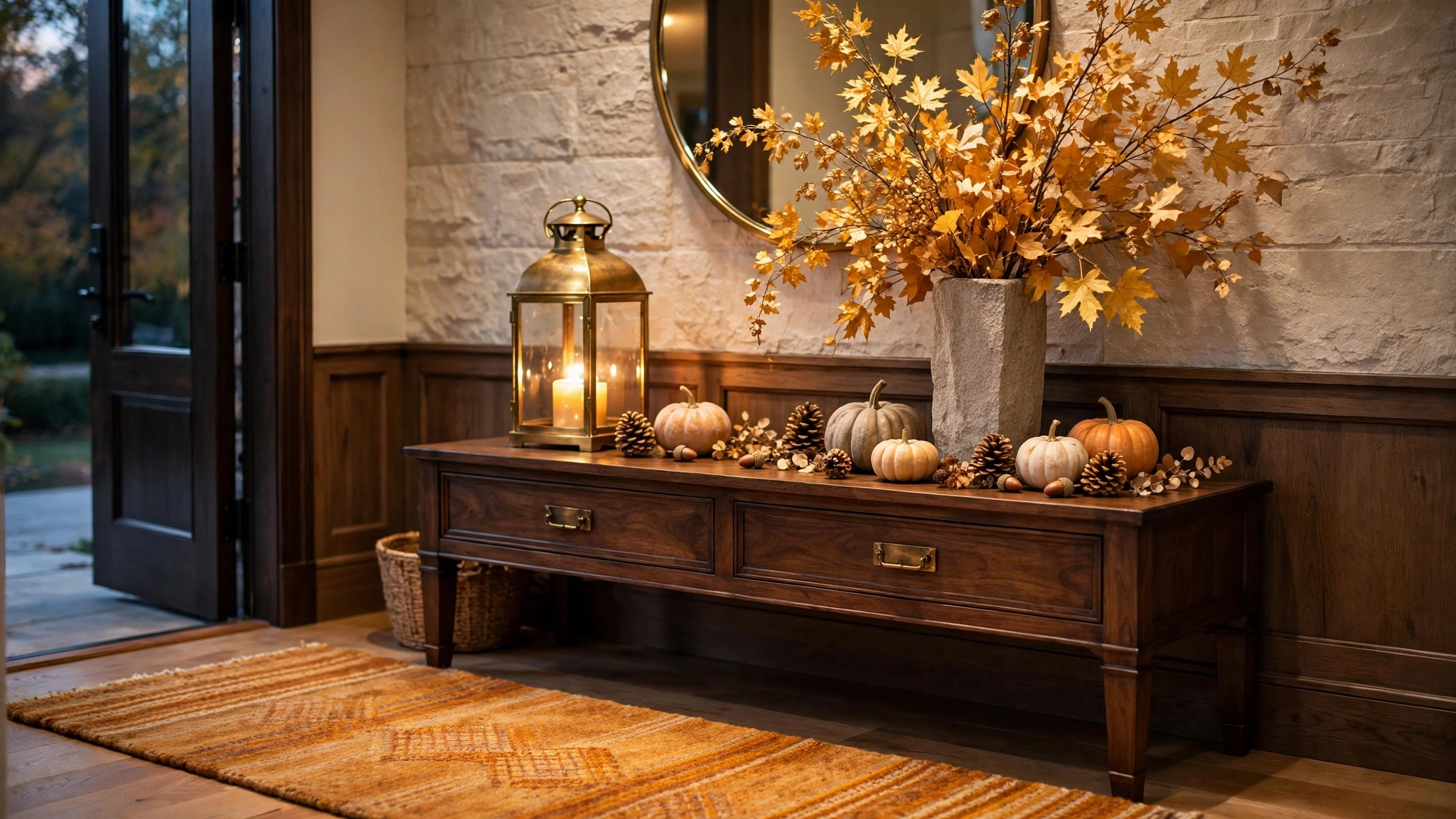 Luxury fall home decor entryway with brass lantern and tall autumn branches