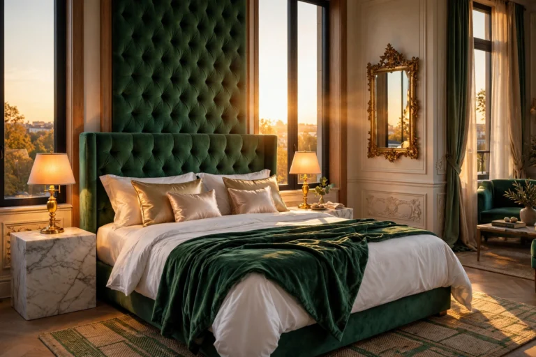 Luxury bedroom decor ideas with emerald velvet headboard, gold bedside lamps and marble nightstands