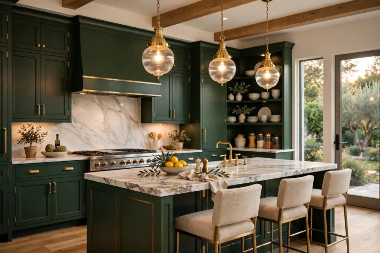 Luxury kitchen decor with deep green cabinets, brass hardware and marble island