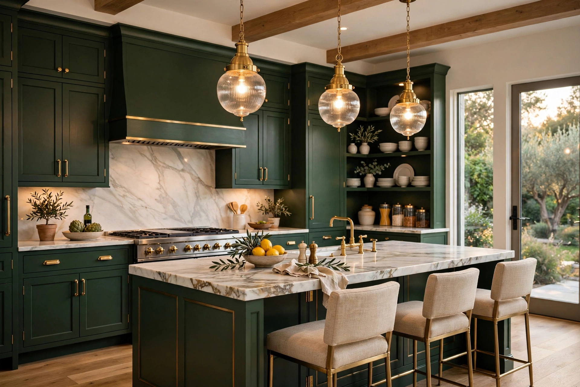 Luxury kitchen decor with deep green cabinets, brass hardware and marble island