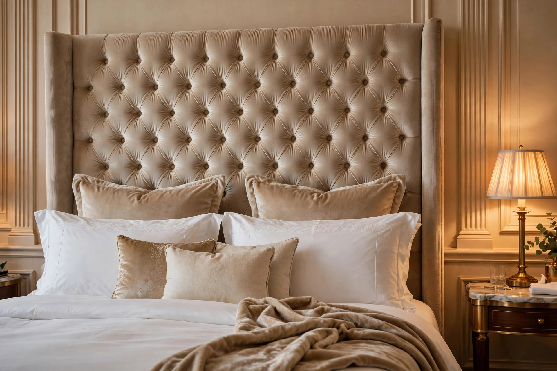 Luxury bedroom decor ideas for a tall tufted velvet headboard with layered pillows and throws