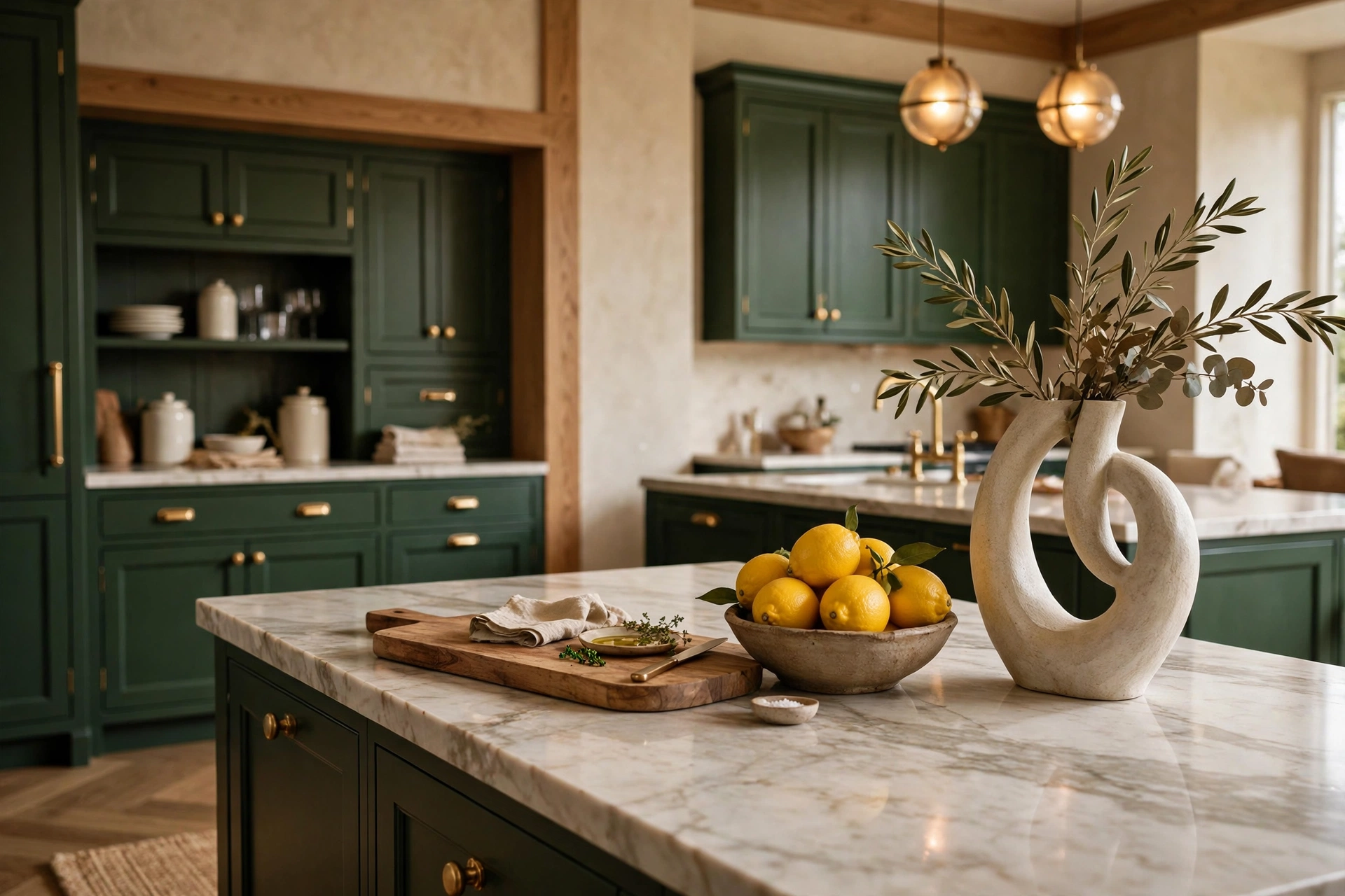 Luxury kitchen decor island styling with marble counter, wooden board and bowl of lemons