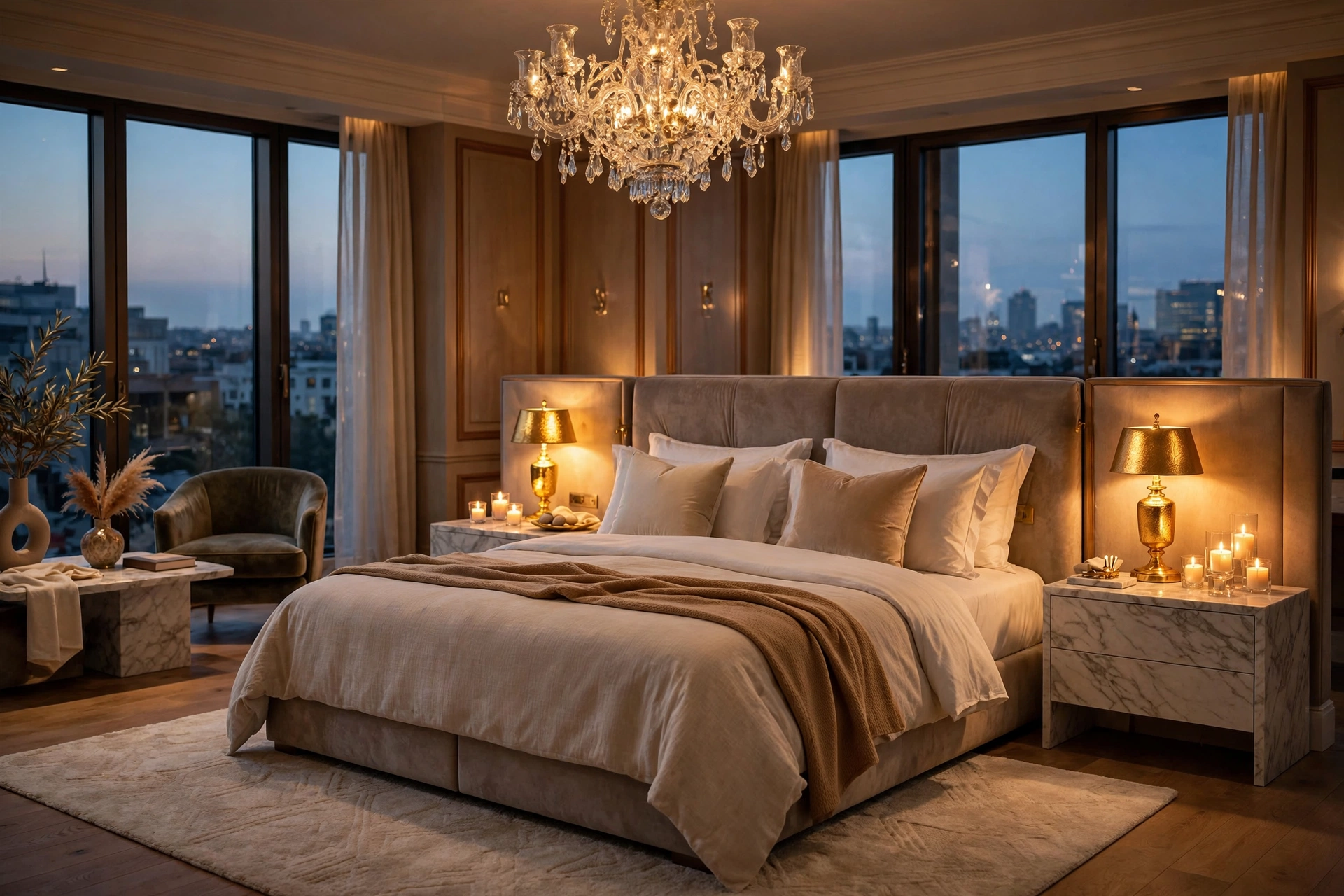 Luxury bedroom decor ideas with warm layered lighting, gold bedside lamps and chandelier glow