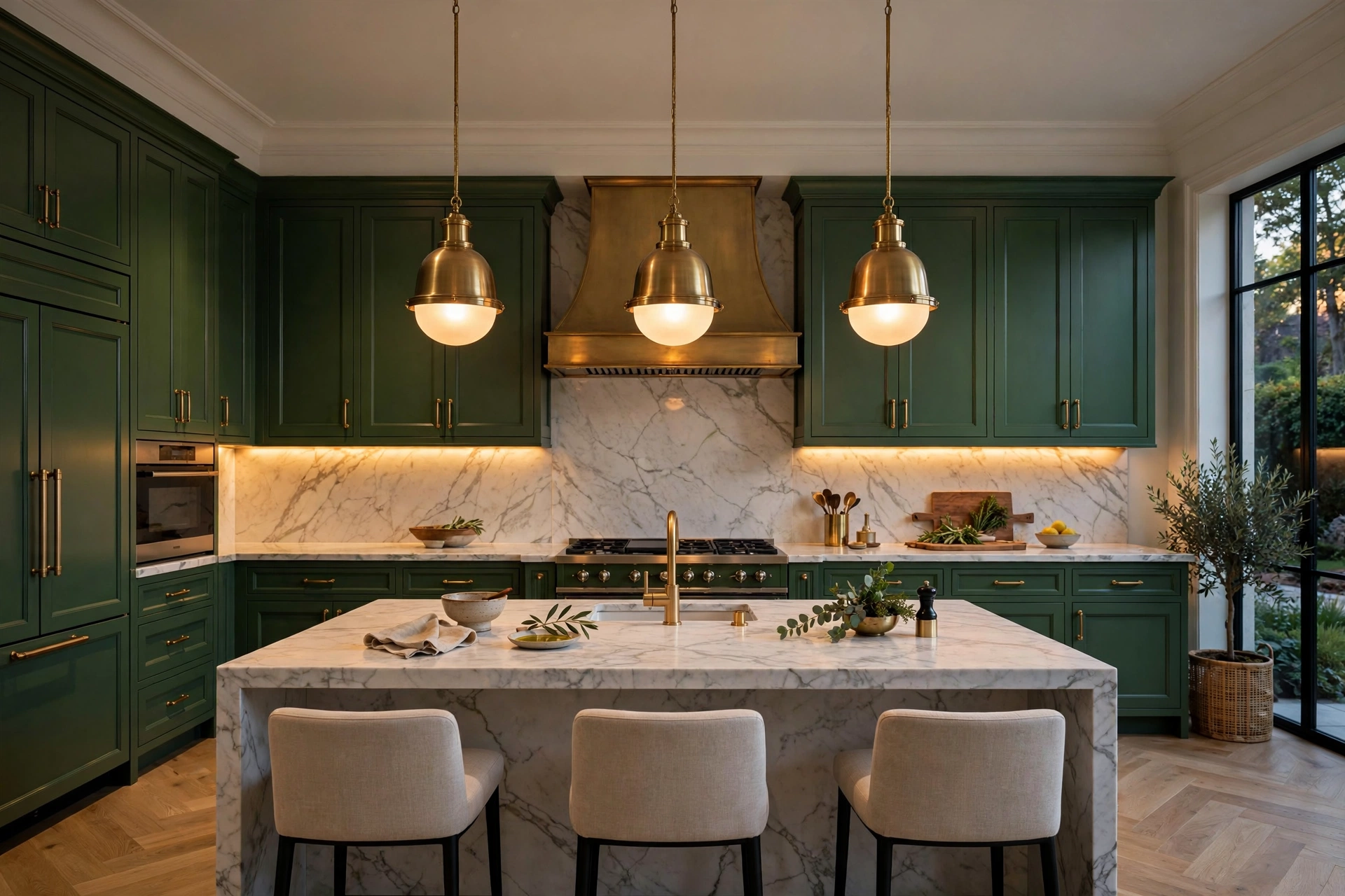 Luxury kitchen decor with brass pendant lights and warm under-cabinet lighting over marble island