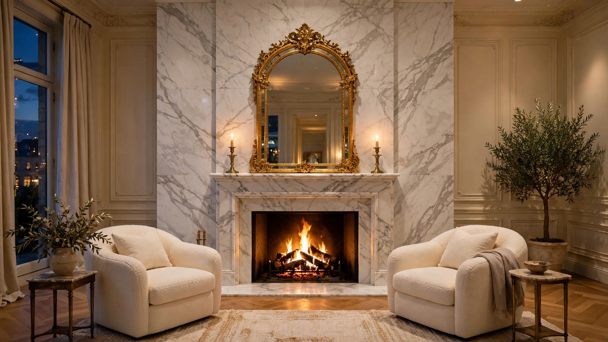 Luxury fireplace decor ideas — grand marble fireplace with gilt mirror and cream armchairs