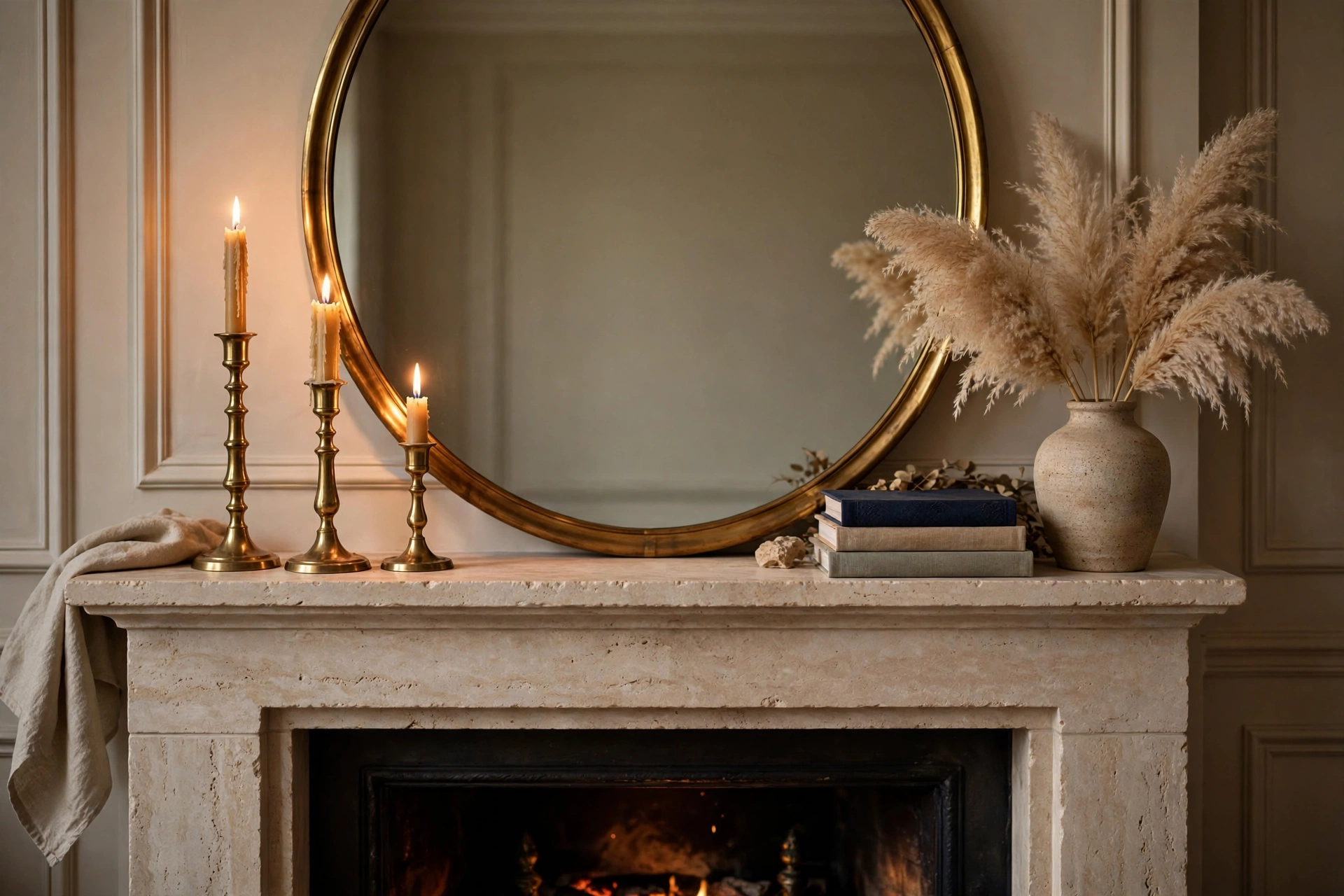 Styled fireplace mantel — brass mirror, candlesticks and art books