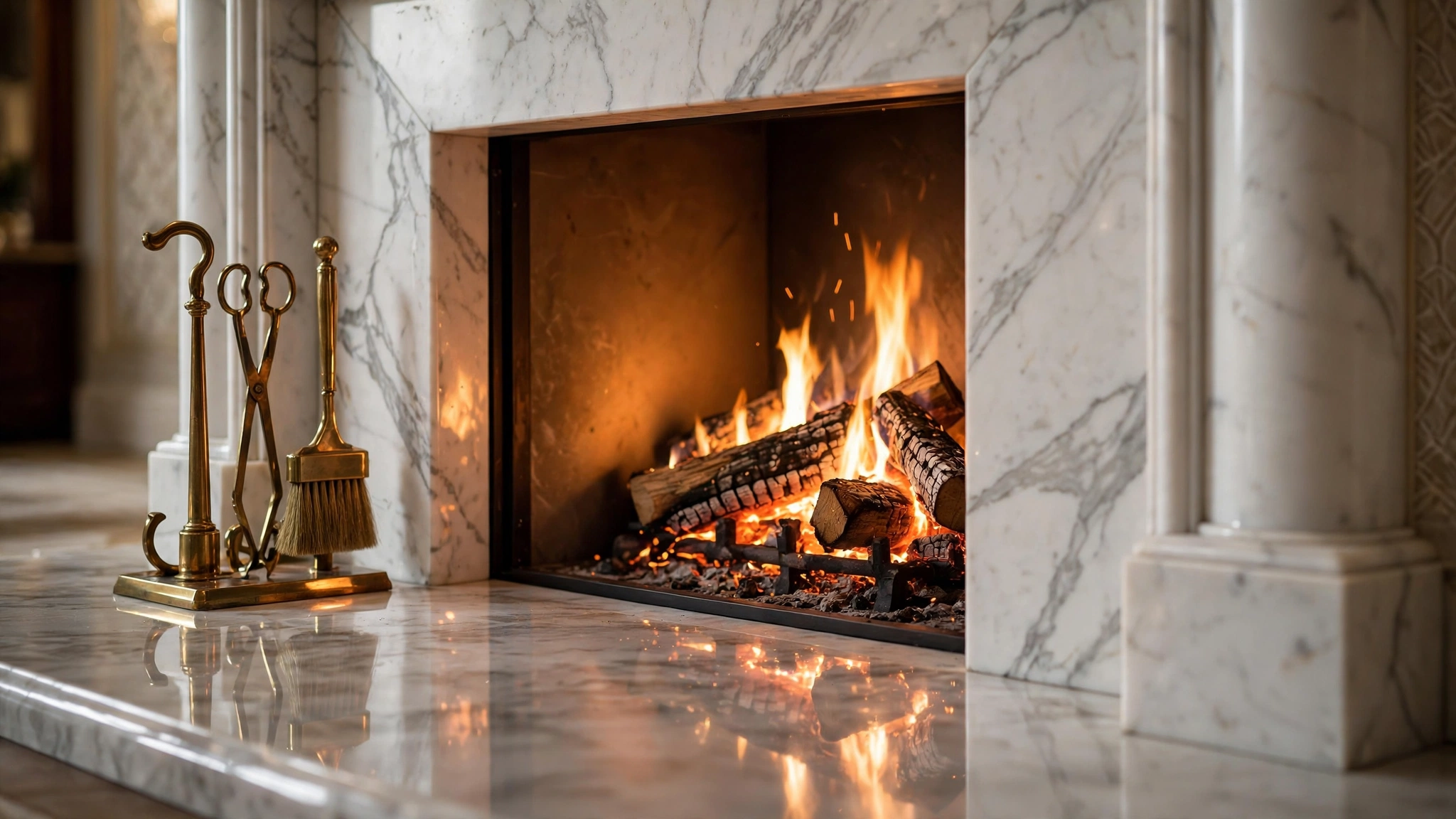 Luxury fireplace decor ideas — white marble surround with glowing fire and brass tools
