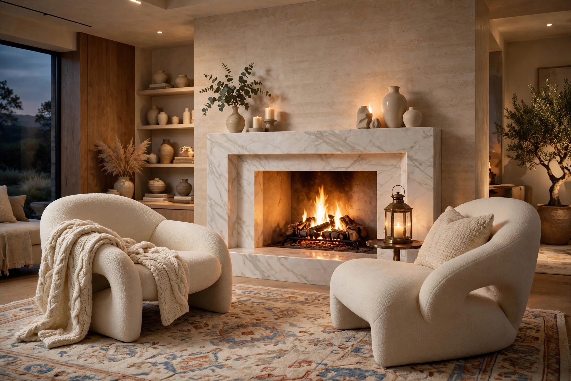 Luxury fireplace decor ideas — cream armchairs arranged around a glowing fireplace