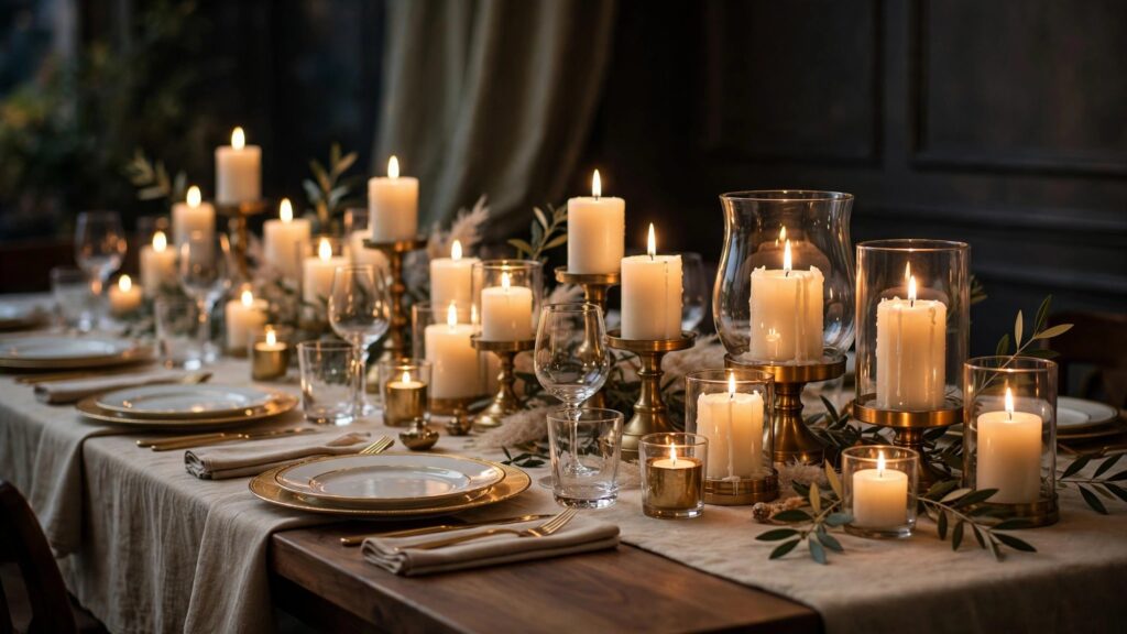 Luxury lighting design ideas: candle clusters glowing on an elegant dining table