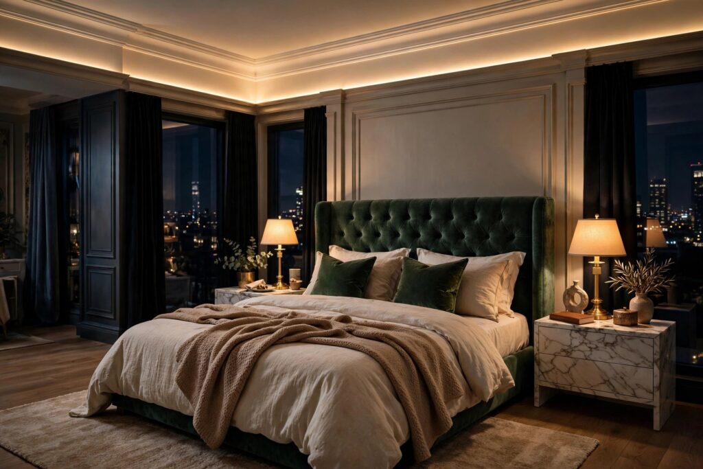 Luxury lighting design ideas: hidden warm LED cove lighting behind crown molding in a bedroom