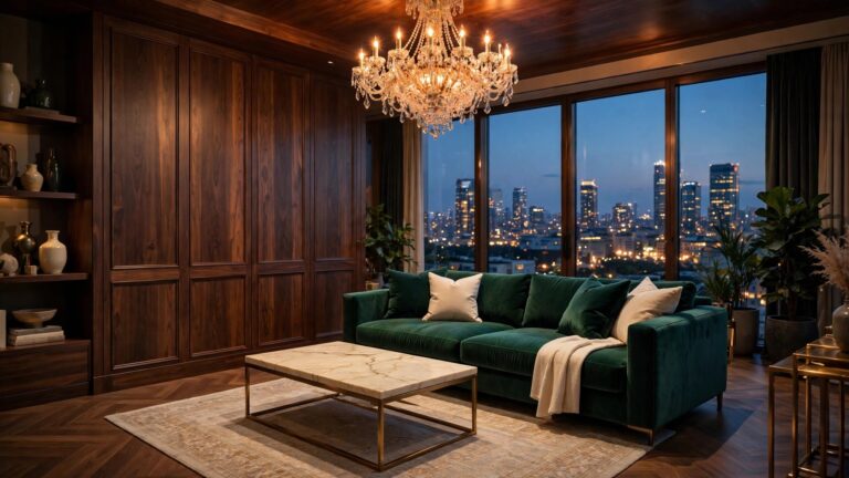 Luxury lighting design ideas: grand crystal chandelier glowing warm over a luxury living room at dusk