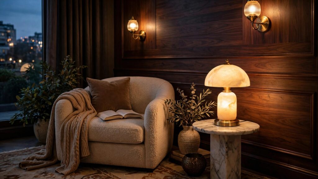 Luxury lighting design ideas with layered warm light: alabaster table lamp and brass wall sconces